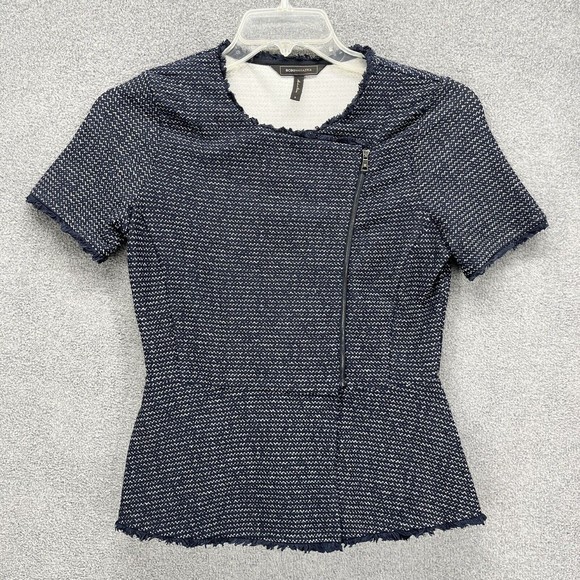 BCBGMAXAZRIA Tweed Peplum Top Womens Size S navy Blue Zip Front Short sleeves - Picture 1 of 12